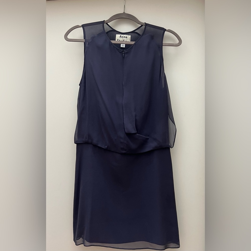 ACNE STUDIOS Navy blue silk dress with asymmetric draping.